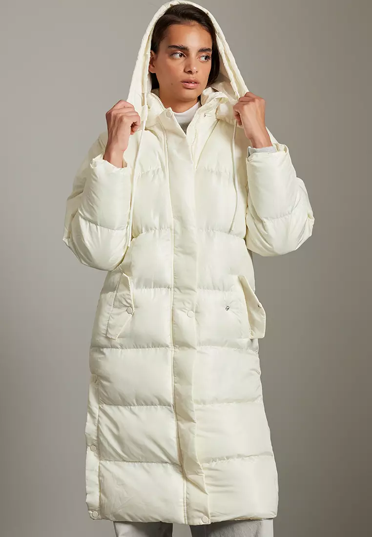 Ecru Regular Hooded Side Snap Detail Water Repellent Long Puffer Jacket TWOAW24MO00104