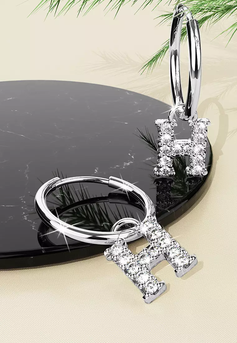 Solid 925 Sterling Silver Octavia Alphabet Letter Zircon Huggie Earrings Silver - H