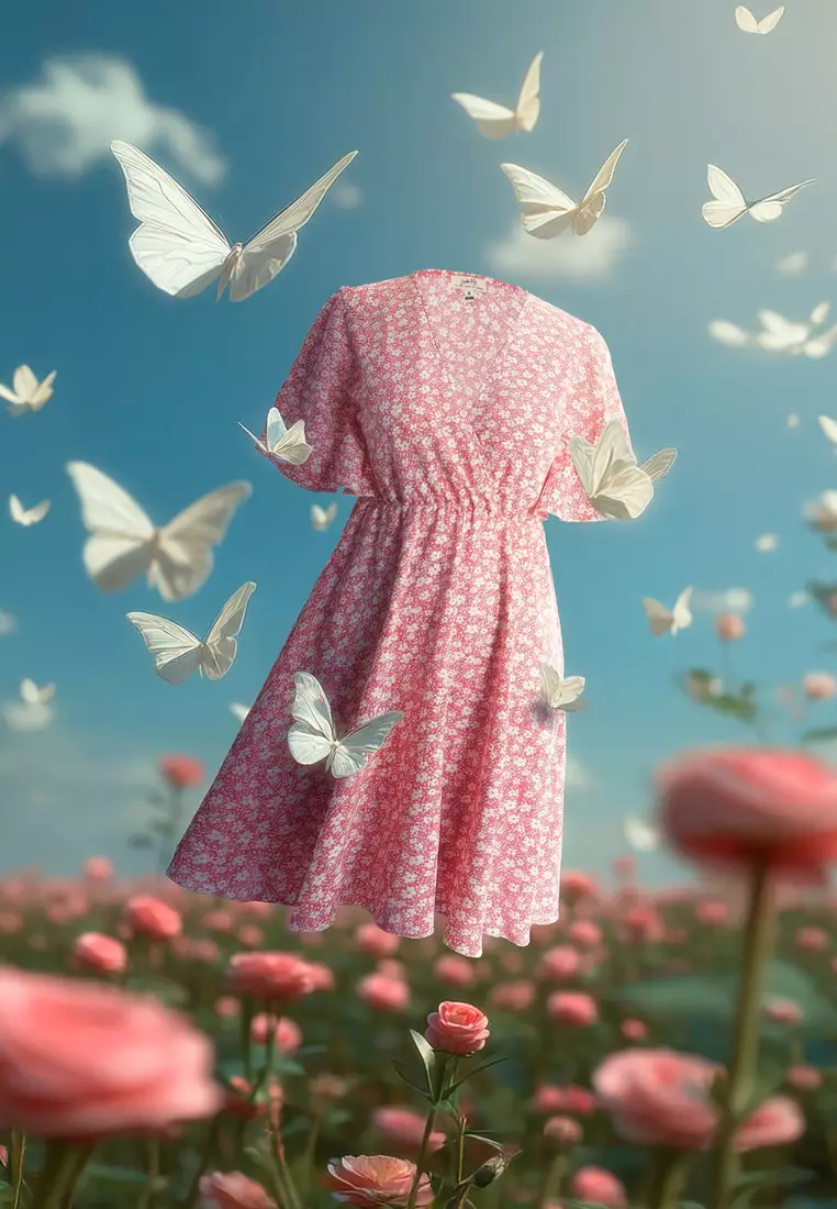 V-Neck Floral Midi Dress in Pink