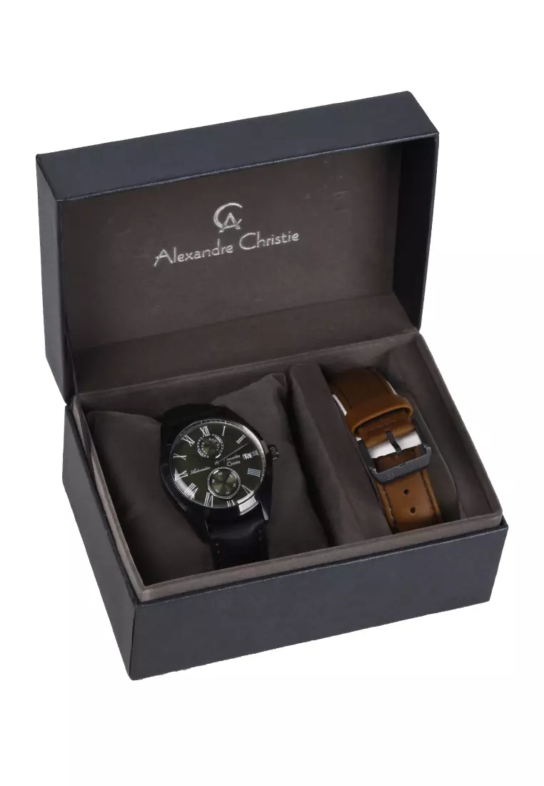 Alexandre Christie - Jam Tangan Pria - Black Green - Leather Strap - 3040MALIPGN