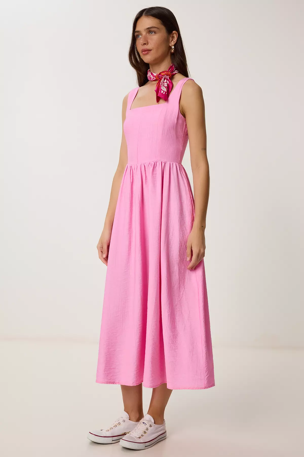 Women's Pink Wrinkle Effect Flared Woven Dress Ub00339