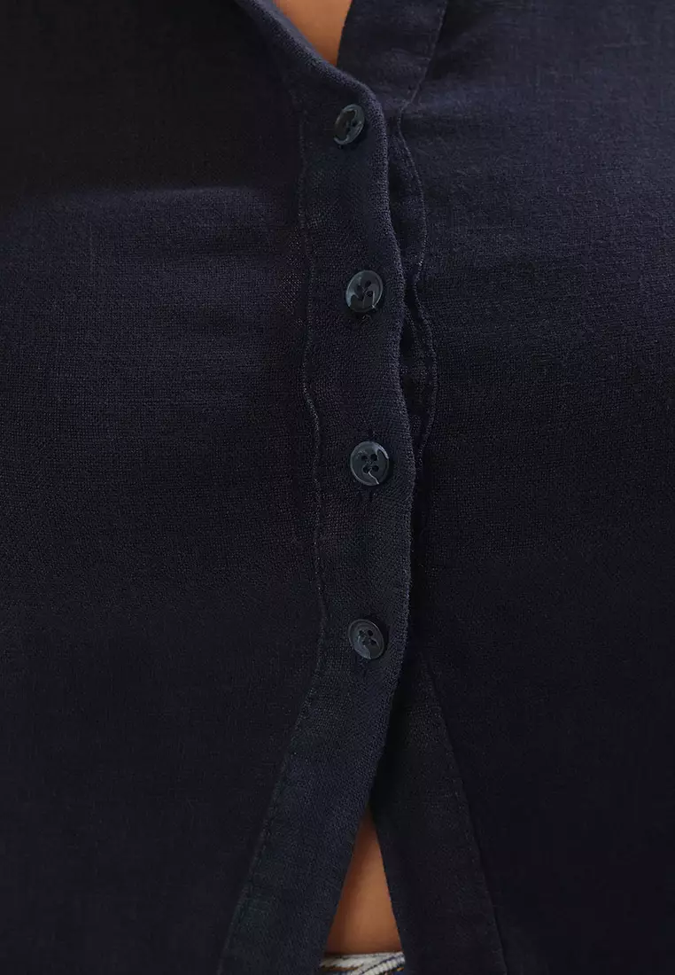 Navy Blue 100% Linen Woven Large Size Blouse Tbbss25Af00107