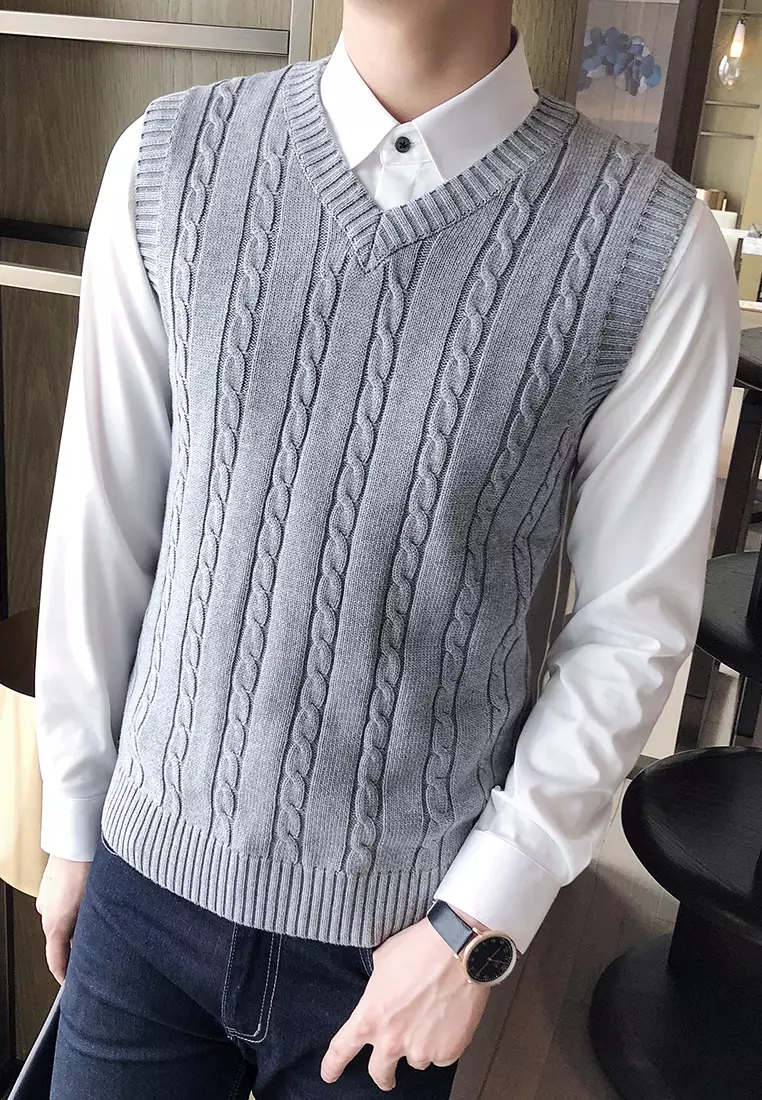 V-neck Jacquard Knitted Vest XH1823