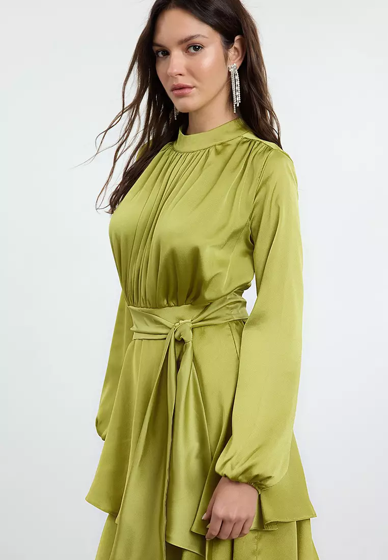 Oil Green Layered Satin Woven Evening Dress/Evening Gown TCTSS24DB00050