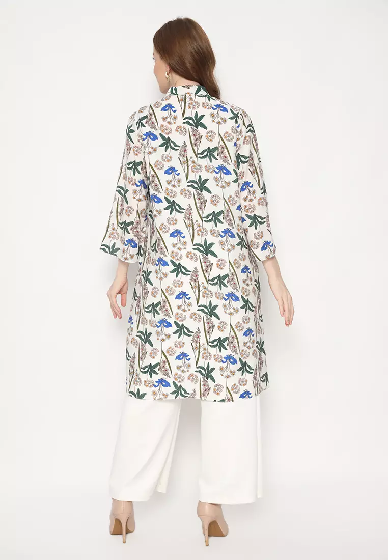 Tunic White Floral Silky Long Sleeve  Arlette By Brilliant Girl Warna Putih