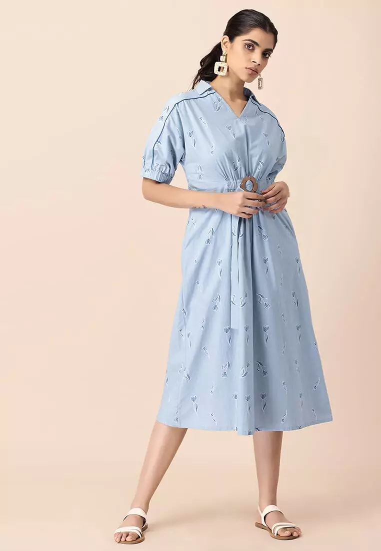 Blue Floral Buckled A-Line Dress