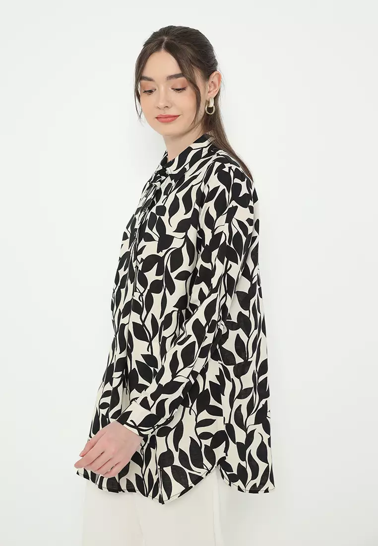 Shirt Linen Combination Cream Floral Black Arlette By Brilliant Girl Warna Cream