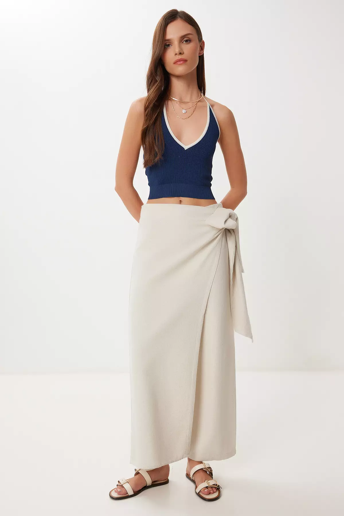 Women's Stone Skirt Look Tie Detailed Linen Trousers Bv00145