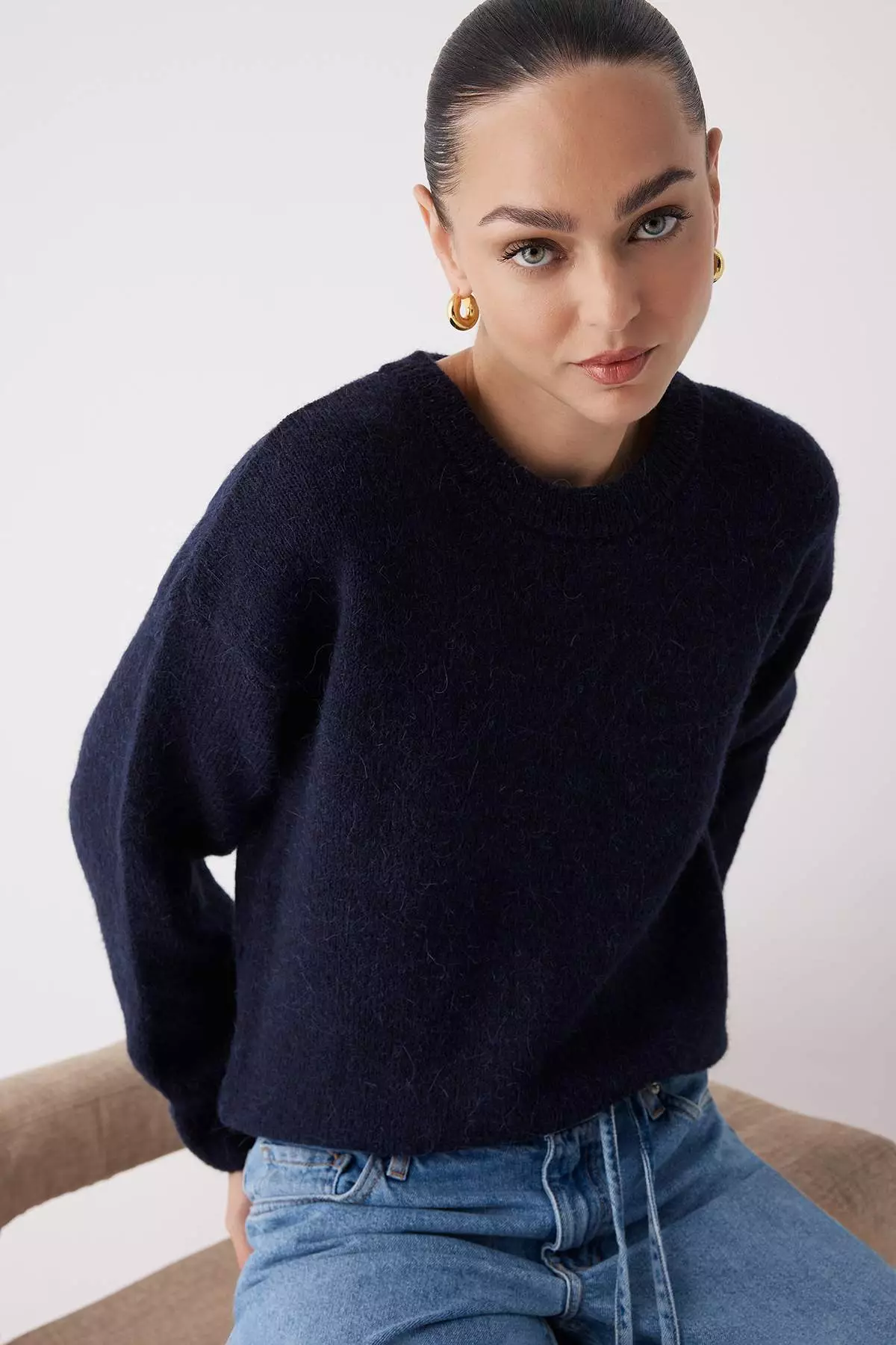 Buy Trendyol Navy Blue Alpaca Wool Blended Wide Fit Premium Yarn