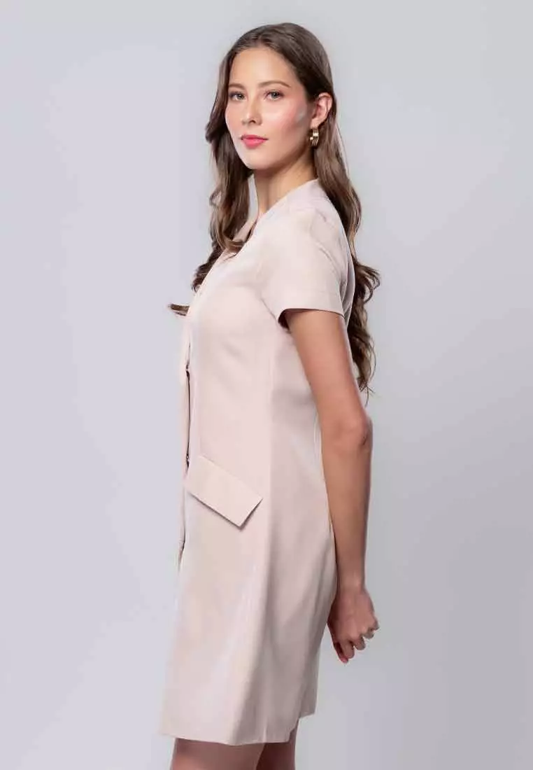 Aveline Double-breasted Dress with Embroidered Fake Collar Detail and Pockets