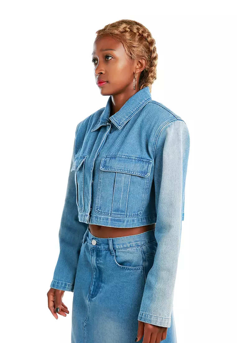 中蓝色纯色垫肩牛仔夹克