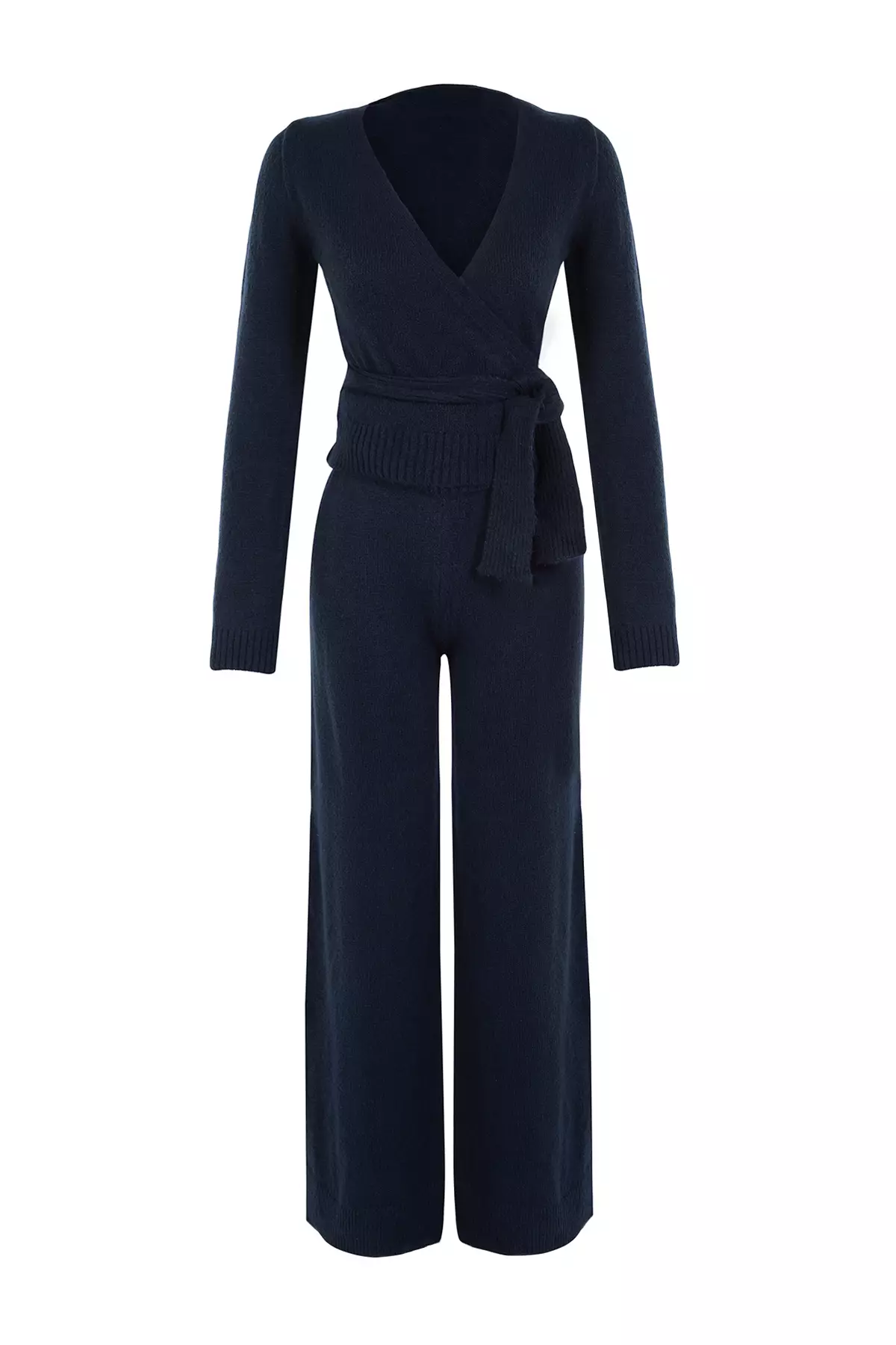 Petrol Crop Wide Pattern Double Breasted Tie Detailed Knitwear Top-Bottom Set