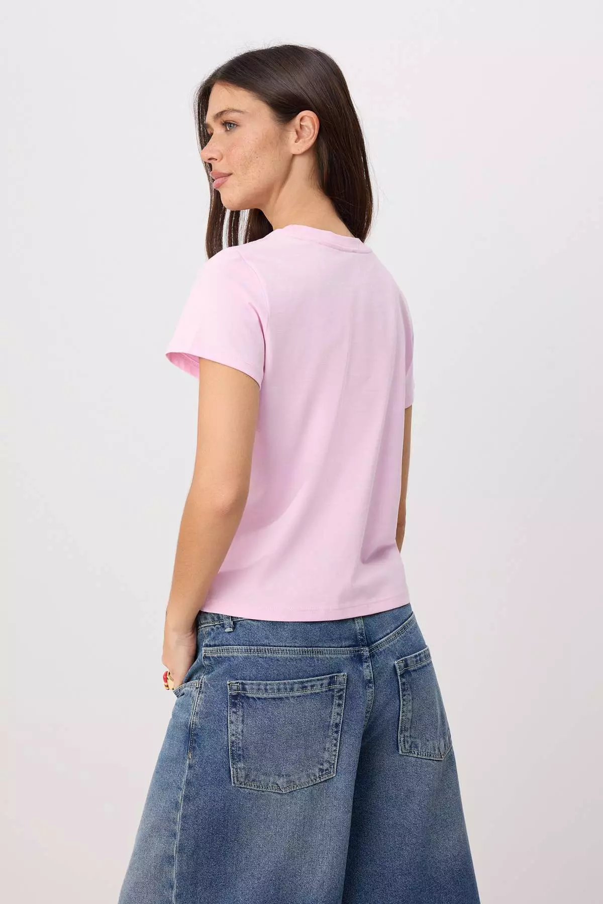 Pink Embroidered Regular Fit Short Sleeve 100% Cotton Knitted T-Shirt Twoss26Ts00124
