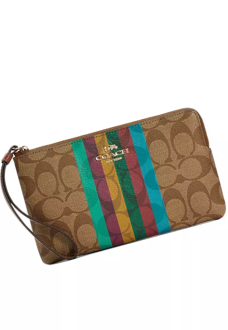 Large Corner Zip Wristlet In Signature Canvas With Stripe - Brown