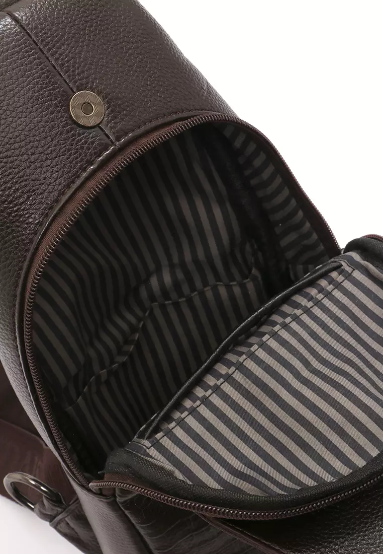 Roger Slingbag Pria Casual USB Port Motif Crocodile Material Leather ORIGINAL - Brown