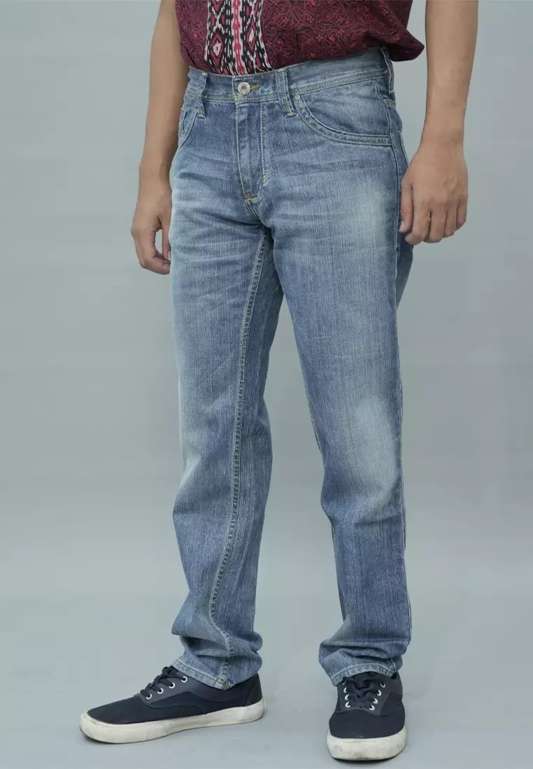LGS - Celana Jeans Casual Pria - Motif Washed Whiskers - Biru - Regular Fit - LESF.318.062.773.7C