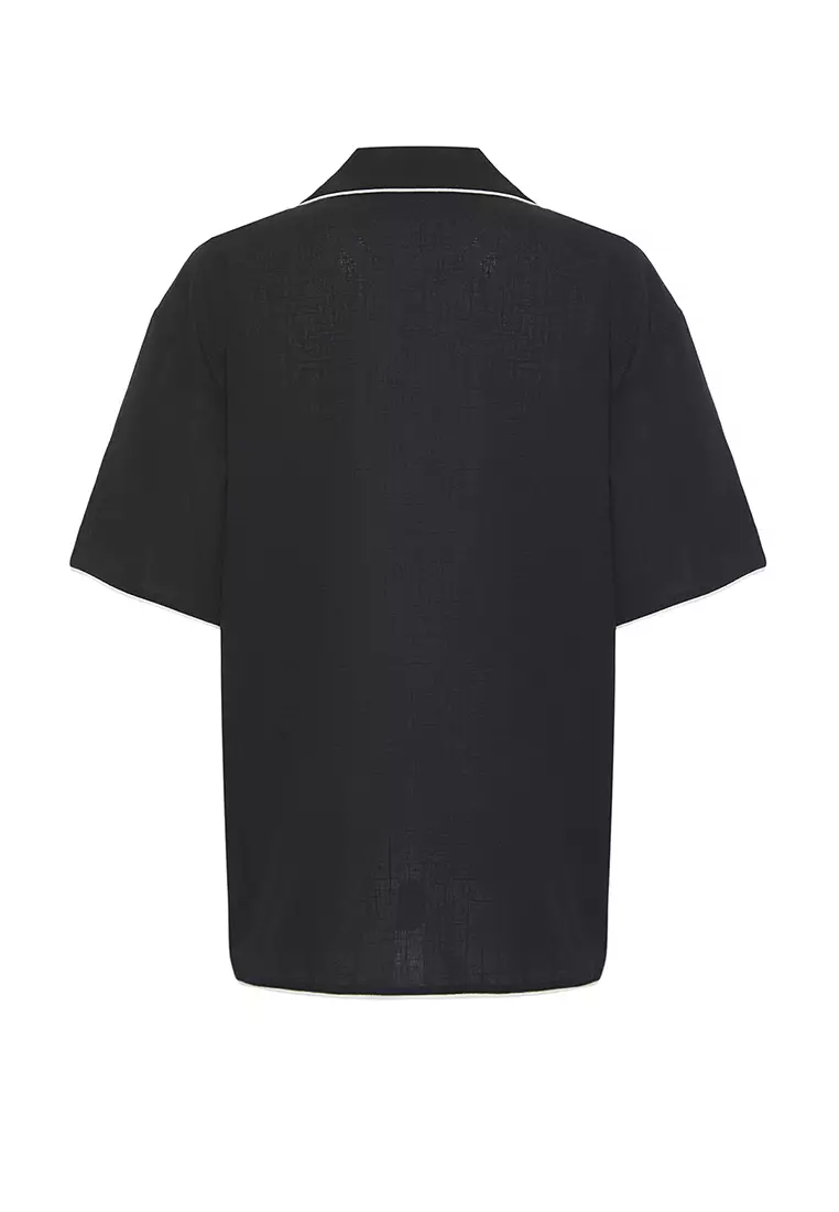 Black Woven Lacing Detailed 100% Cotton Beach Shirt Tbess25Go00025