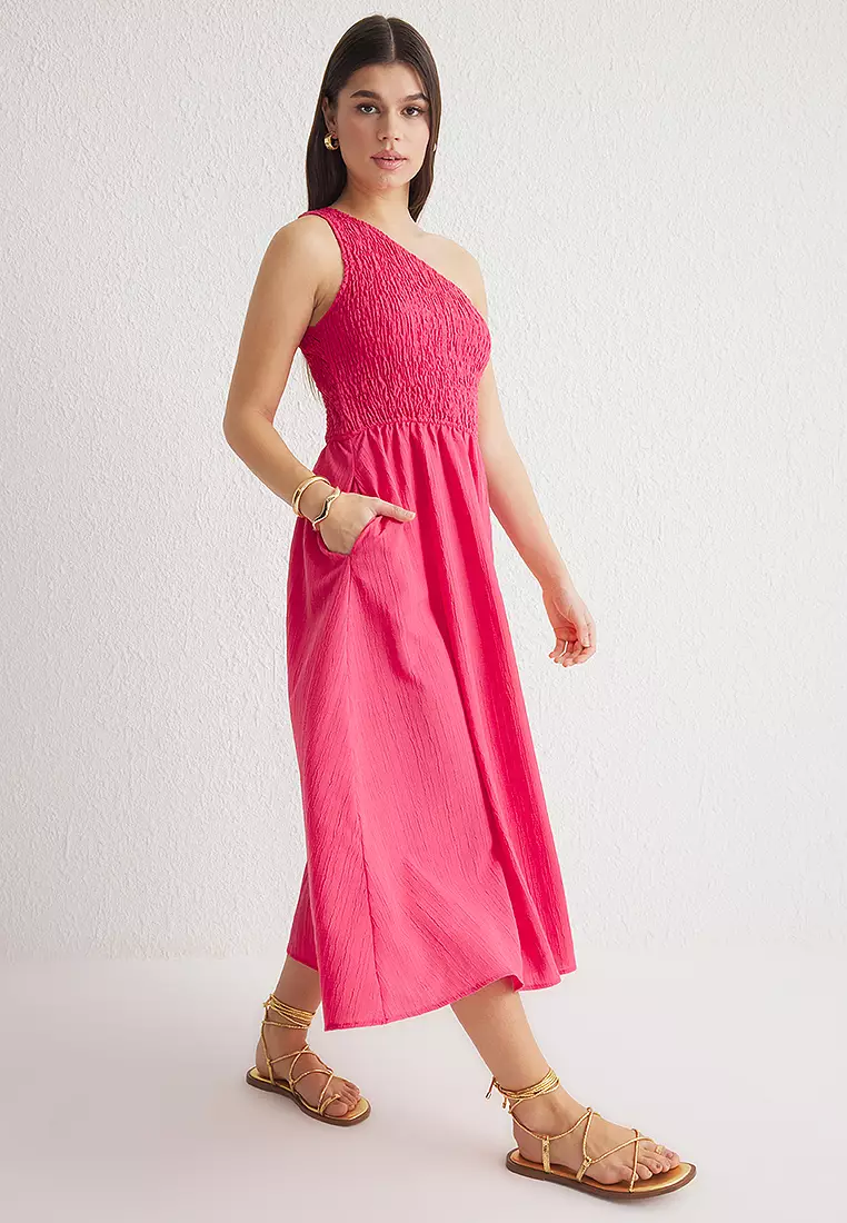 Fuchsia Plain Midi Woven Dress