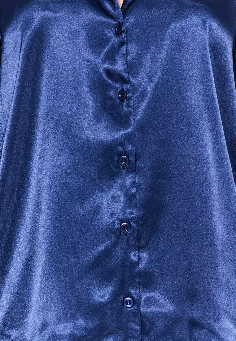 Navy Blue Satin Shirt-Pants Woven Pajamas Set