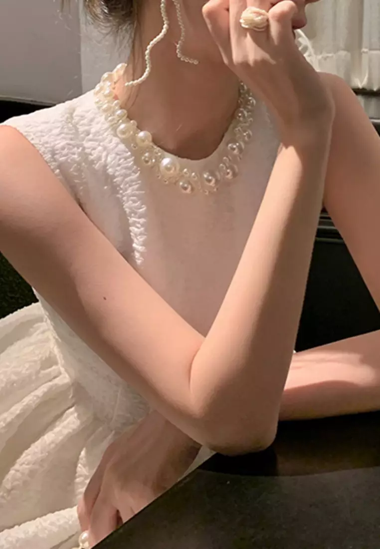 New pearl collar white sleeveless long dress K100208