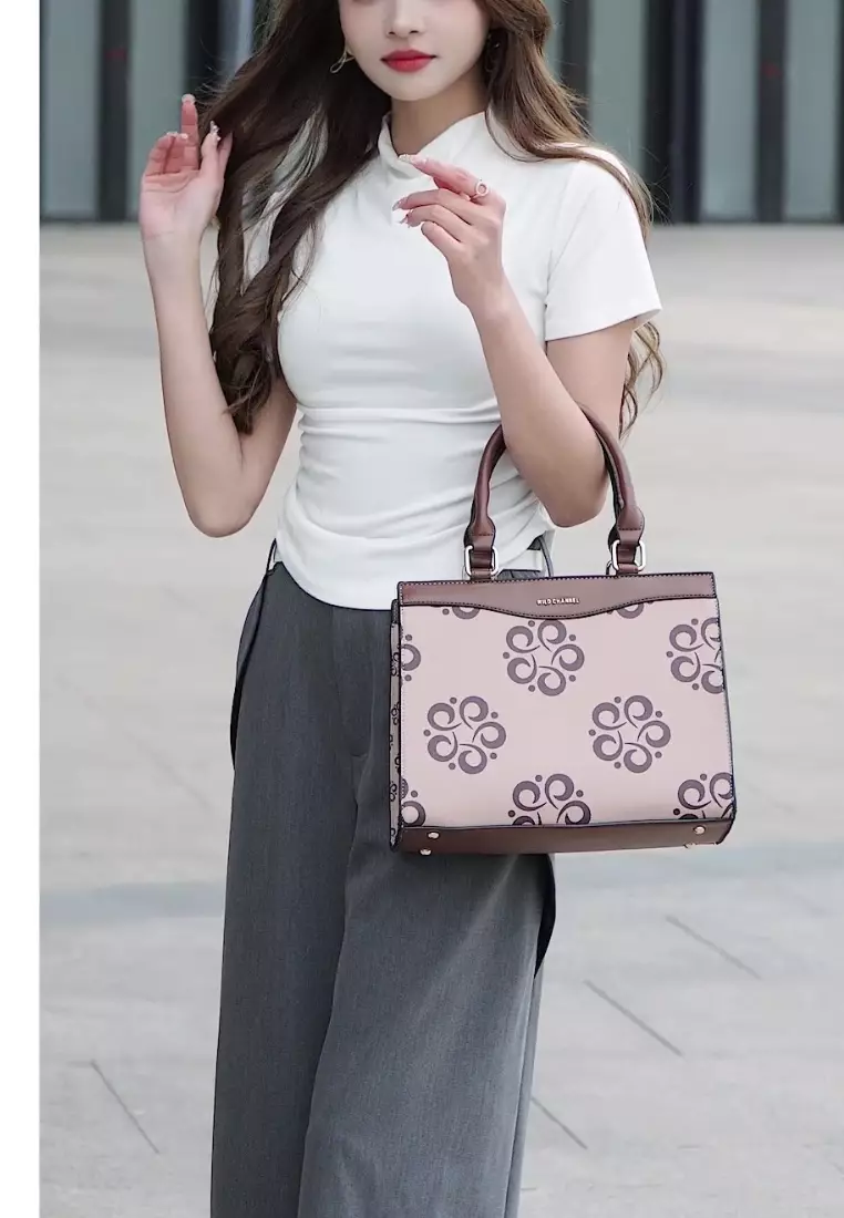 Women's Monogram Top Handle Bag / Sling Bag / Crossbody Bag - Beige