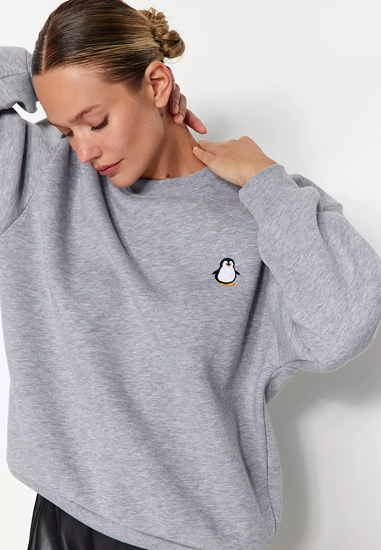 Grey Embroidered Regular Fit Thick Fleece Inside Sweatshirt