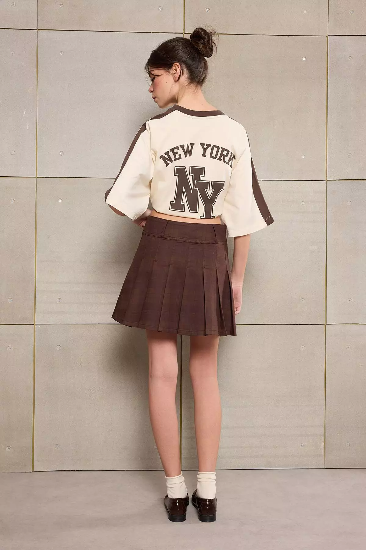 Teen Brown Plaid Patterned Pleated Less Stretchy Mini Denim Skirt Twoss26Et9