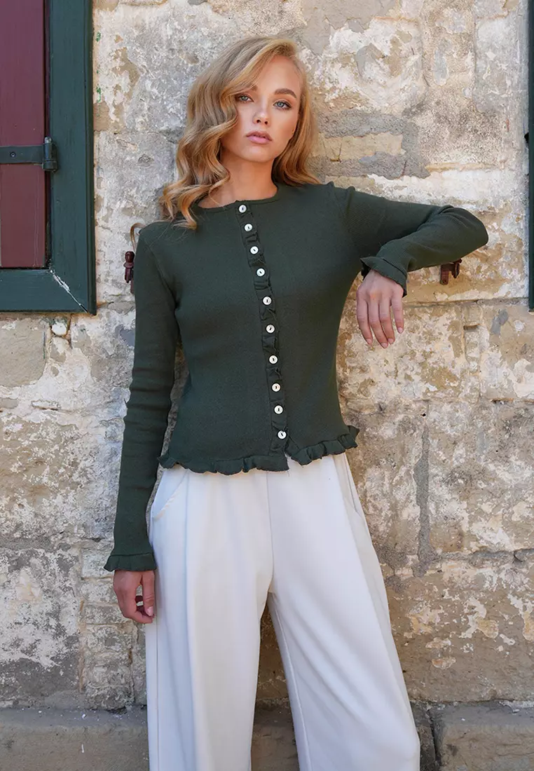 Women's Olive Green Crew Neck Ruffle Detailed Button-Front Knitted Blouse Alc-X14533