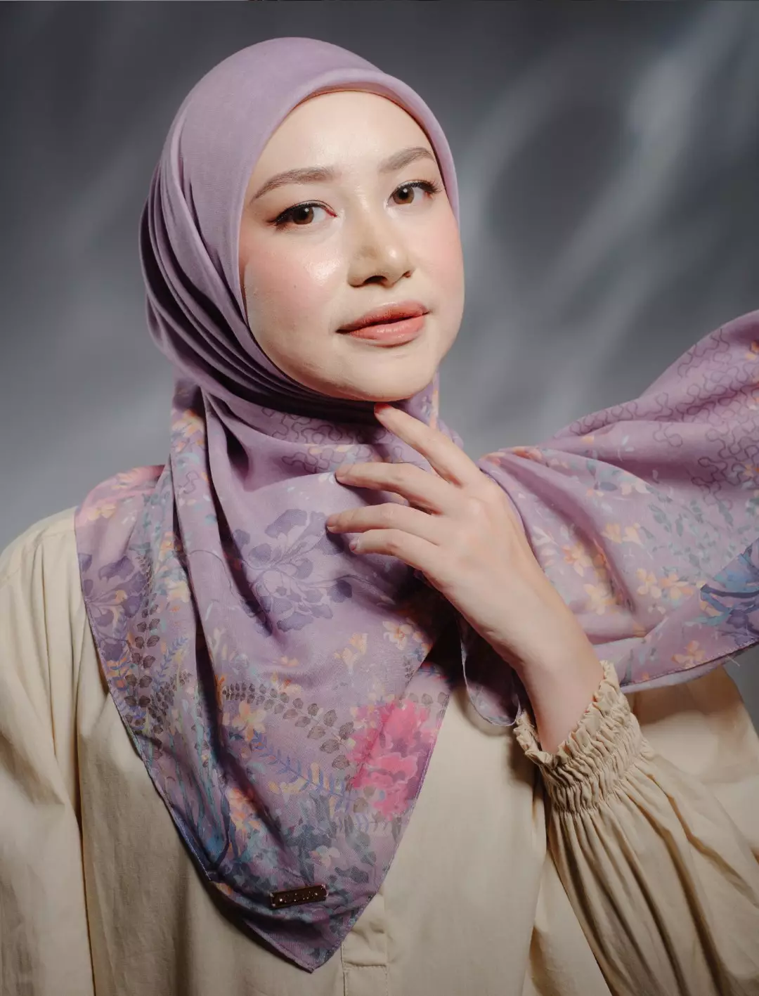 MARINA Scarf Lavender - Kerudung Hijab Segiempat Motif With BOX - Bahan Voal Premium - Ukuran 115x115