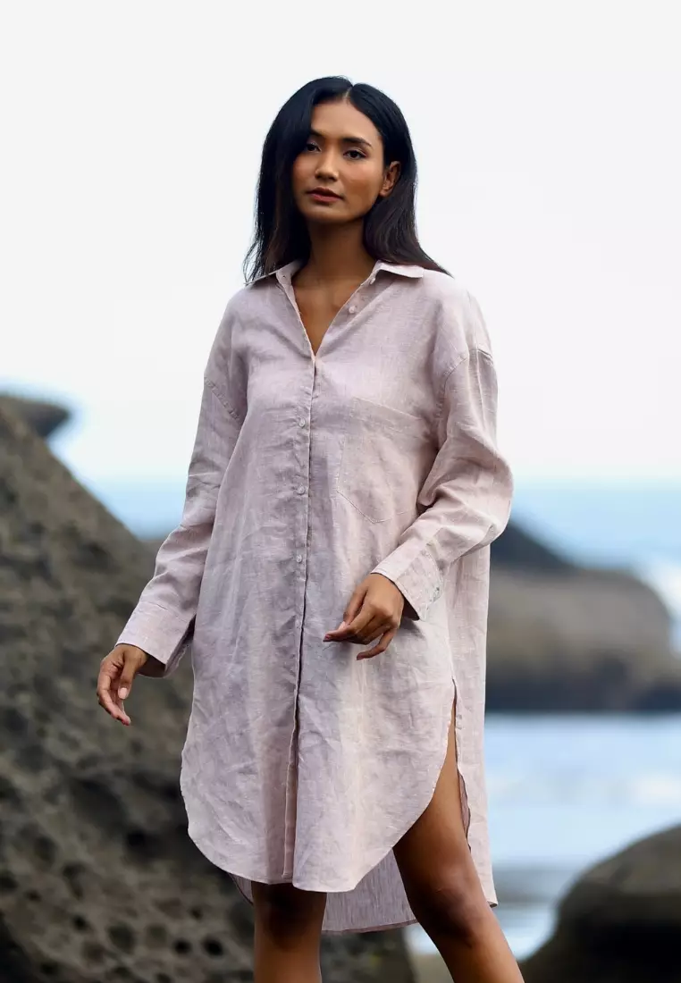 Sharm Kemeja Linen Oversize Lengan Panjang Wanita Cream | Oversize Linen  Long Sleeve Shirt Women Cream