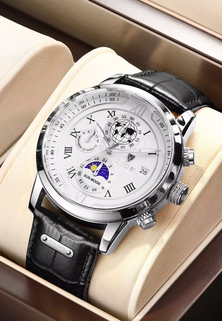 Chronograph Unisex 42mm Stainless Steel Quartz Watch, White Dial on Leather Strap