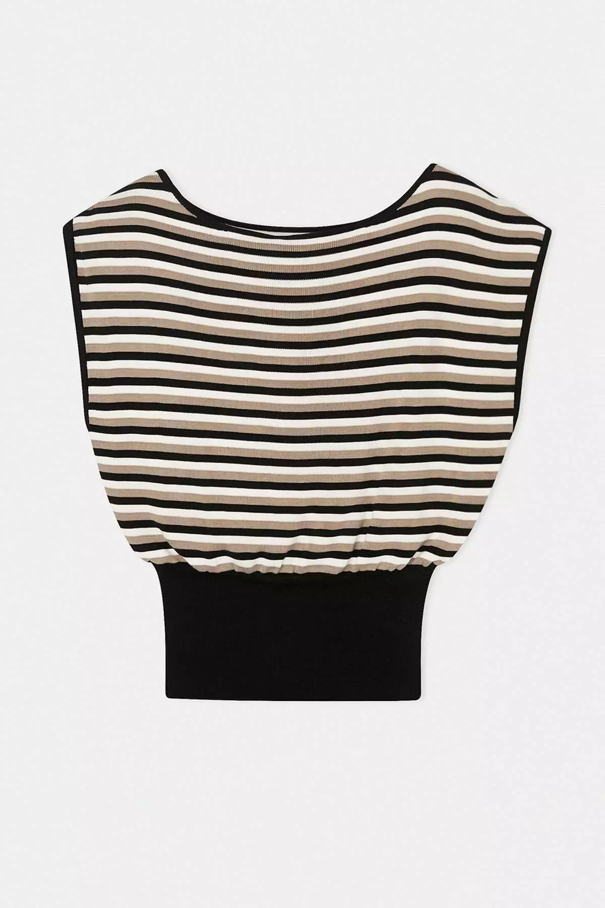 Black Striped Summer Special Yarn Boat Neck Waist Fitted Knitwear Blouse Twoss26Bz00313