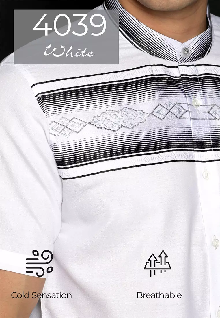 Casella Baju Koko Pria Lengan Panjang Exclusive Premium Horizontal Embroidery 4039 White