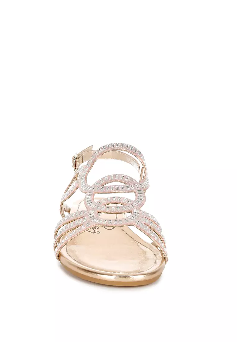 Sandal Datar Berlian Imitasi Detail Potongan Warna Emas Mawar