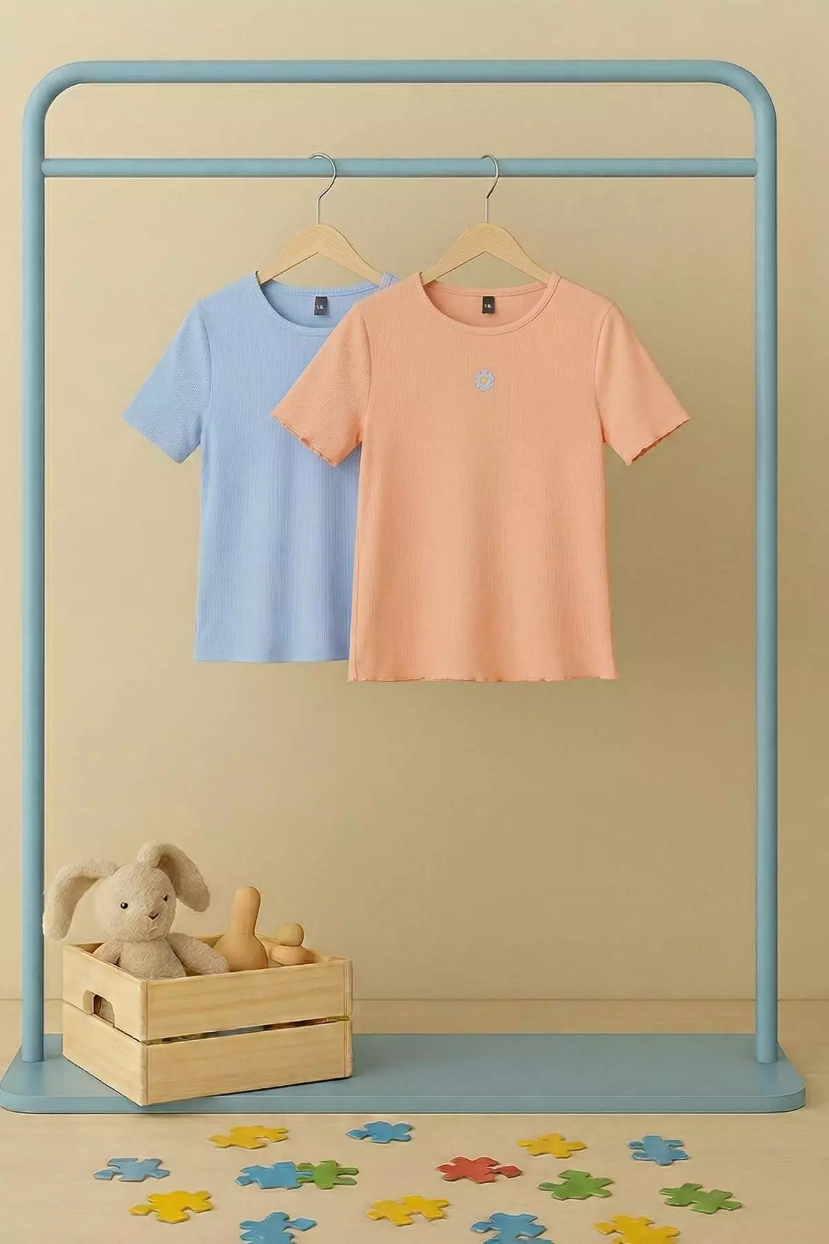 Blue-Orange 2-Pack Girls Cotton Crop Short Sleeve Knitted T-Shirt Tkdss25Ts00027