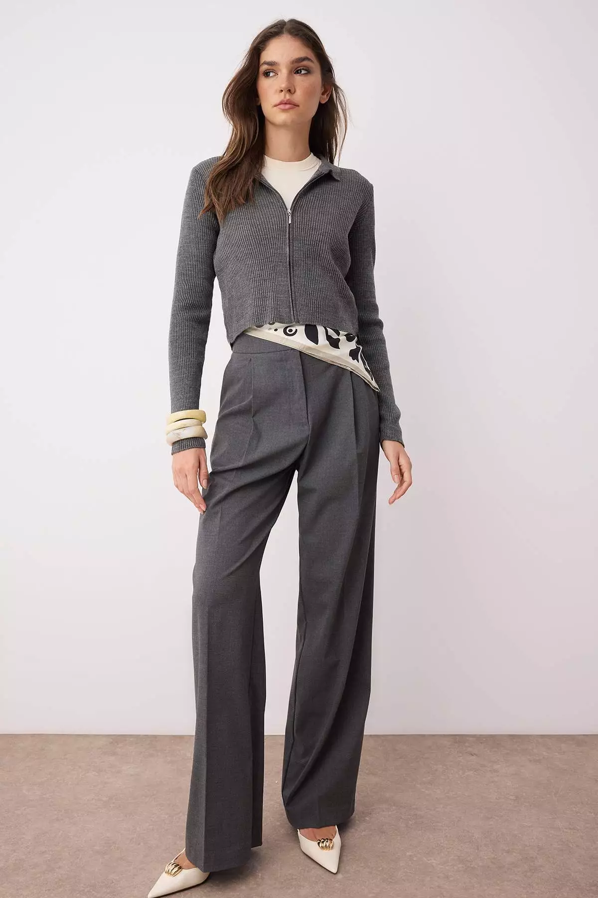 Anthracite Crop Zippered Knitwear Cardigan