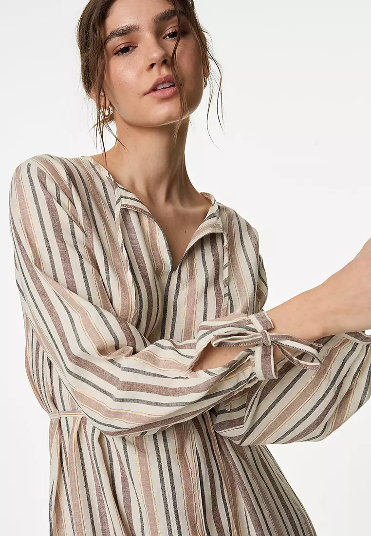 Linen Blend Striped Midi Shift Dress