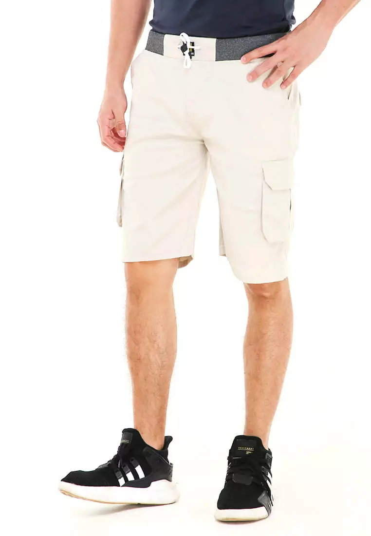 Rishham Celana Pendek Cargo Pria Button Pockets Sporty Short Pants Material Cotton ORIGINAL - Cream
