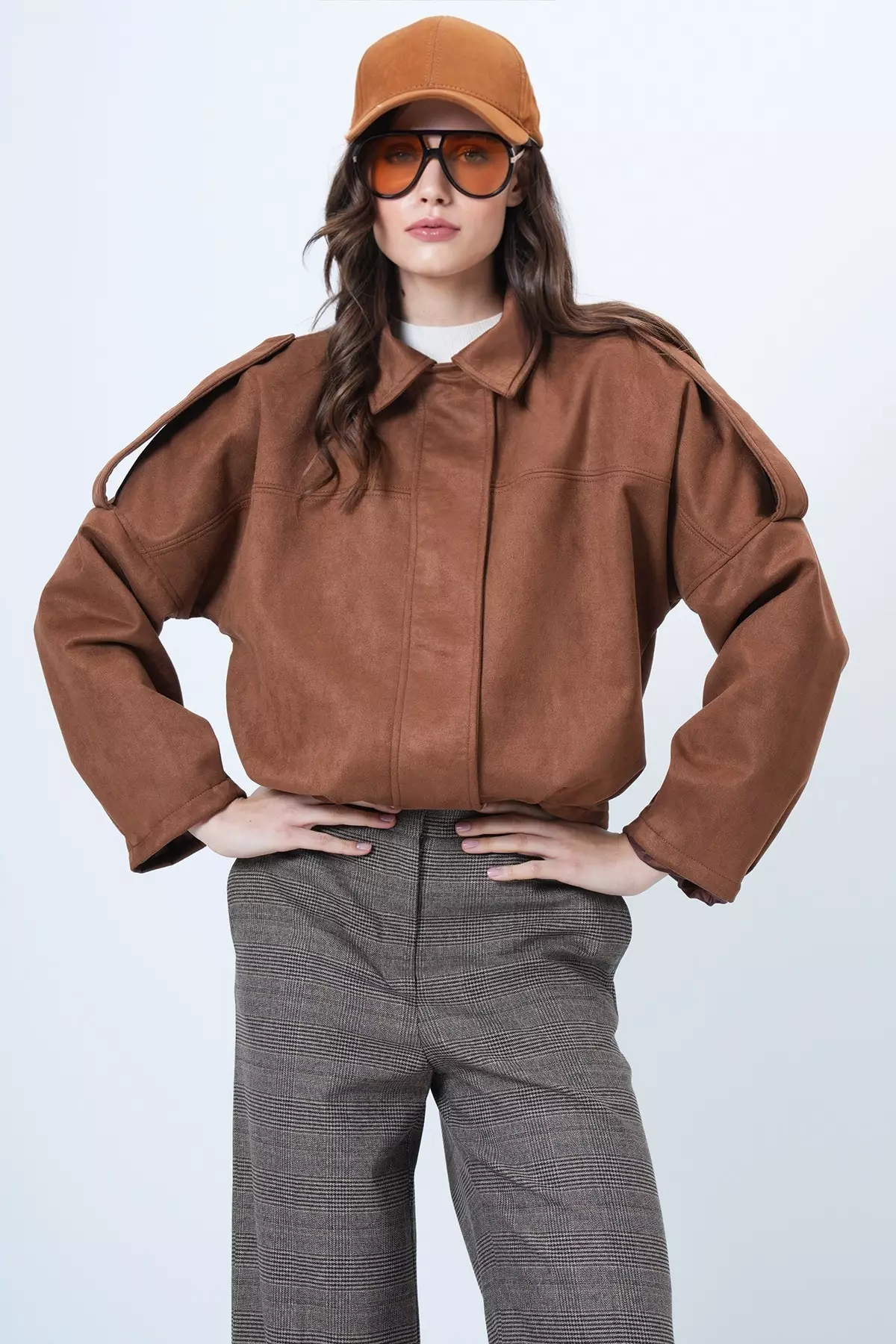 Brown Shoulder Epaulettes Lined Faux Suede Bomber Jacket Alc-X14526