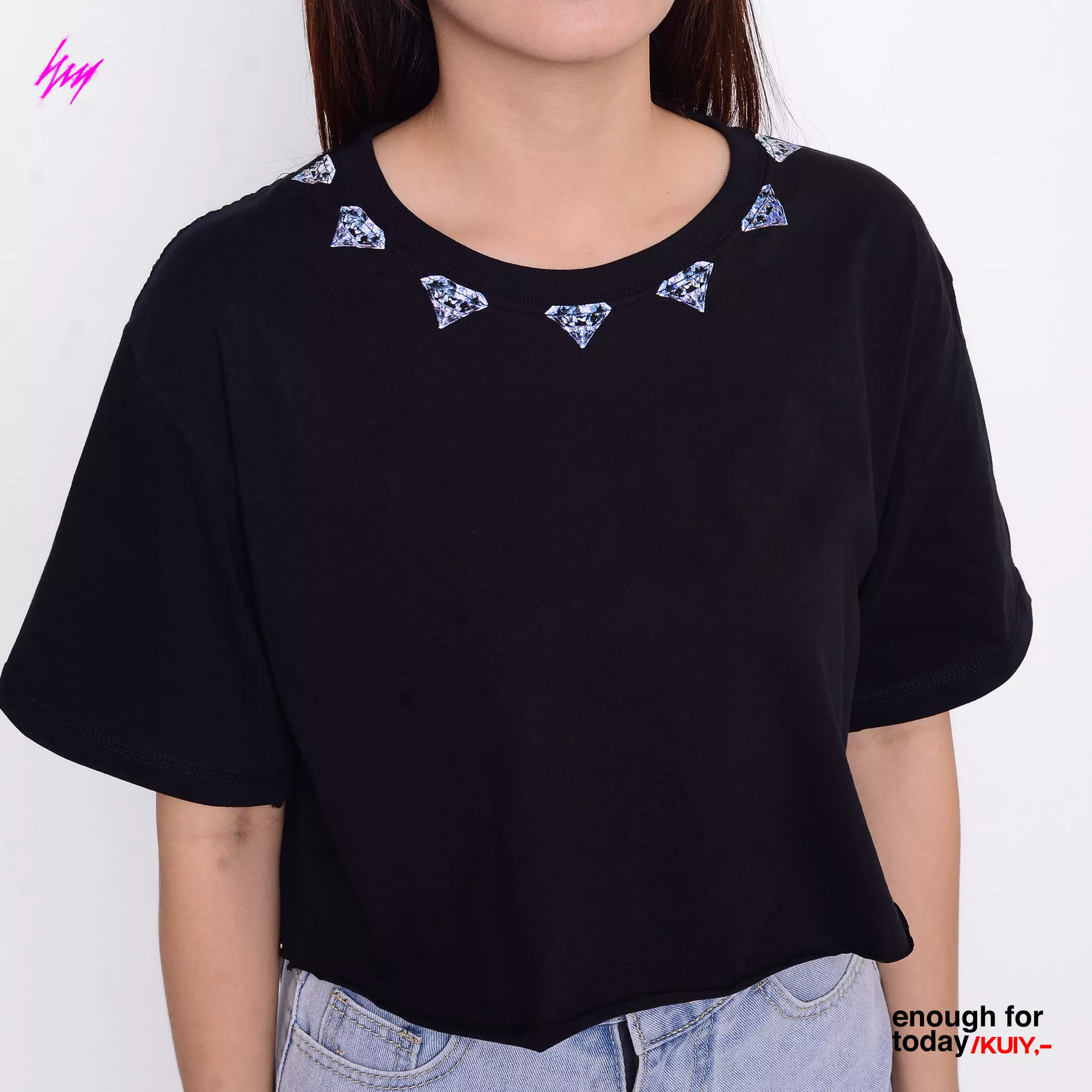 Enough For Today Kaos Crop Top Oversize | Diamonds Are Forever Hitam