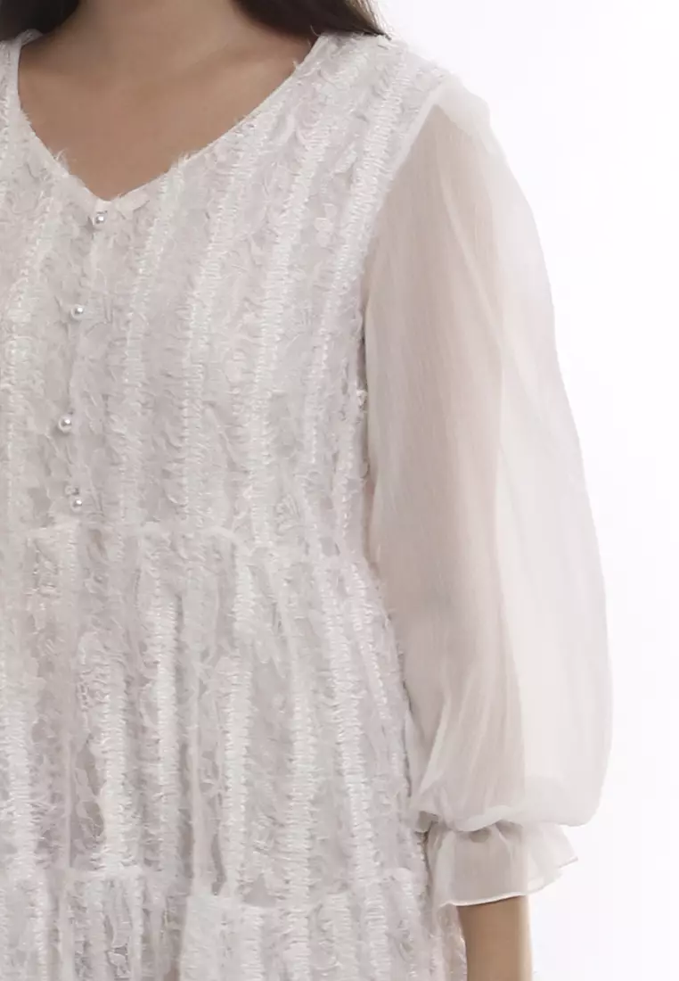 Ariel Mini Dress Wanita Long Sleeves Baju With Furry Design Elegant Regular Fit - Broken White