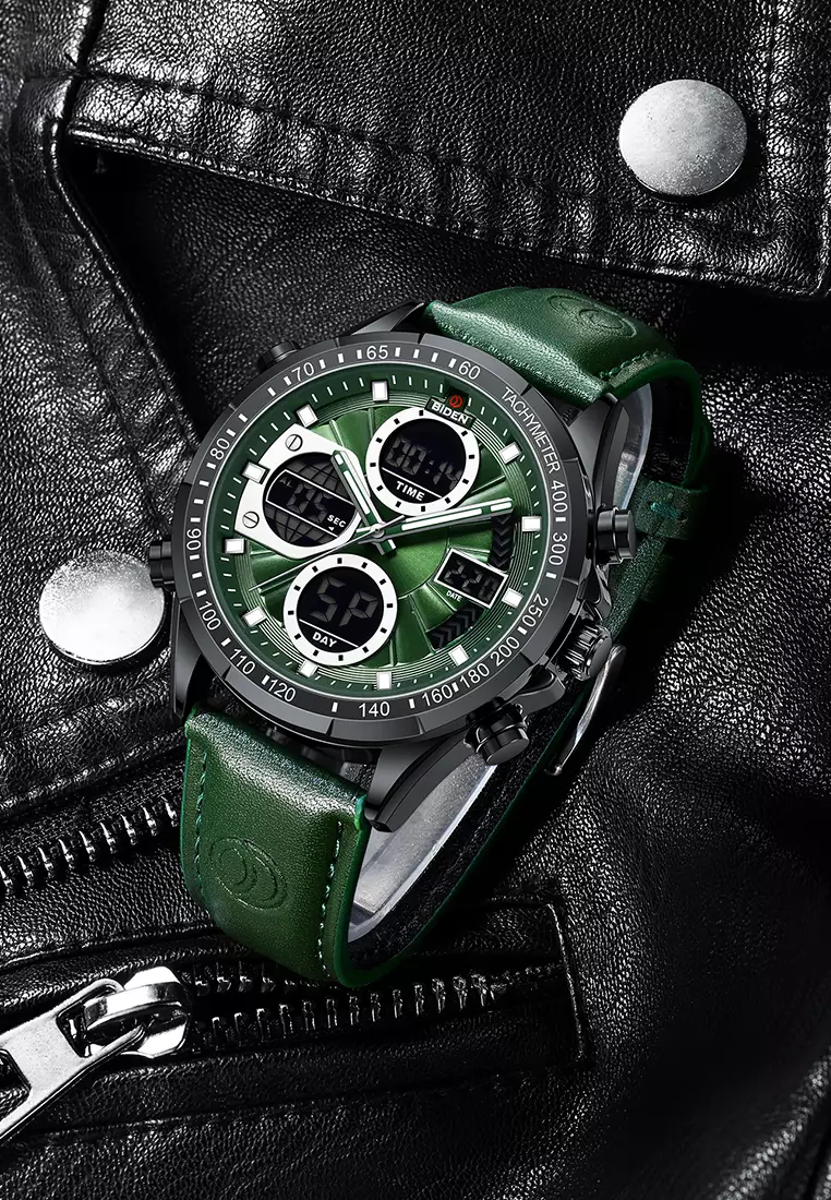 Jam Tangan Pria Original Multifungsi Analog&Digital Tali Kulit Olahraga Anti Air Jam Tangan Cowok Allgreen
