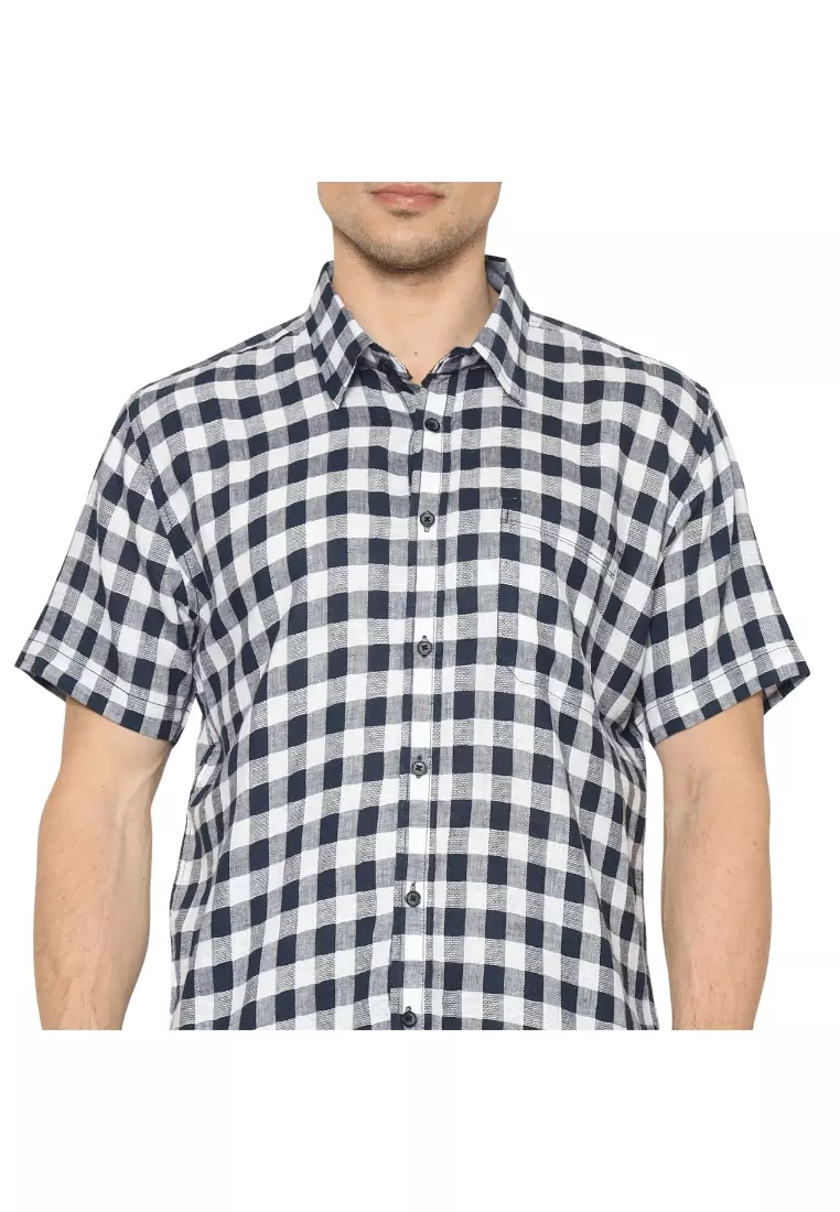 POLICE Kemeja Kotak Linen Biru Regular Fit Pria