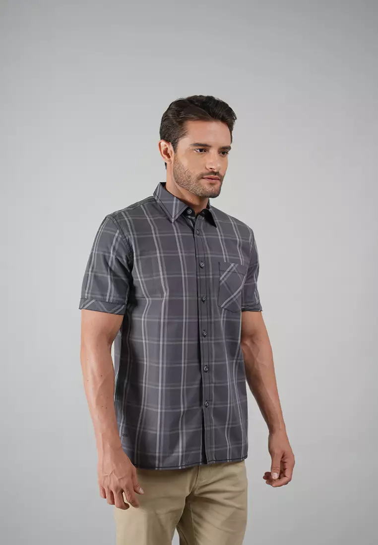 LGS - Kemeja Casual Pria - Lengan Pendek - Motif Kotak-Kotak - Abu-Abu - CSH.270.S570.1273.C