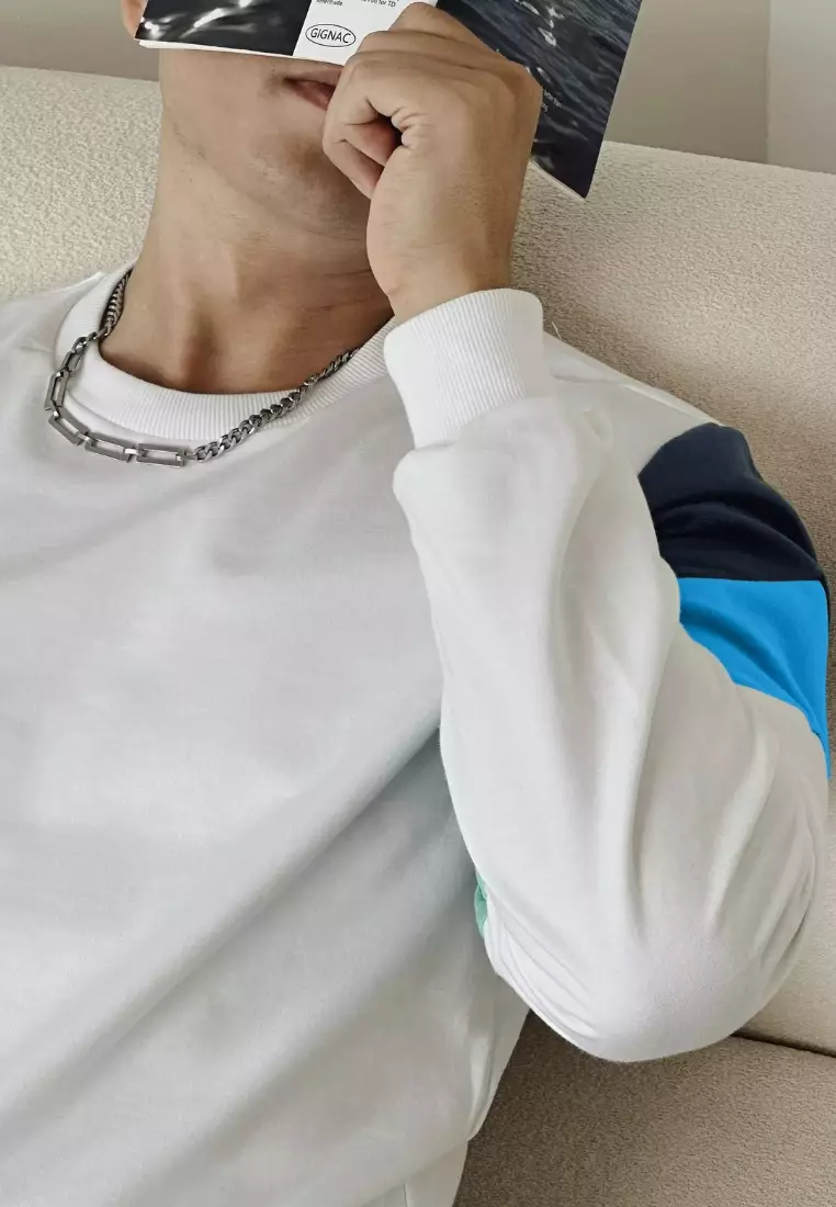 Kale Dael White Blue / Sweater Pria Bahan Baby Terry Premium Kombinasi