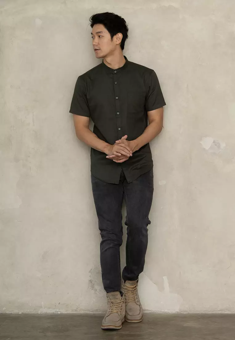 Kemeja Collarless Koko Tangan Pendek short shirt OXCON Dark Green