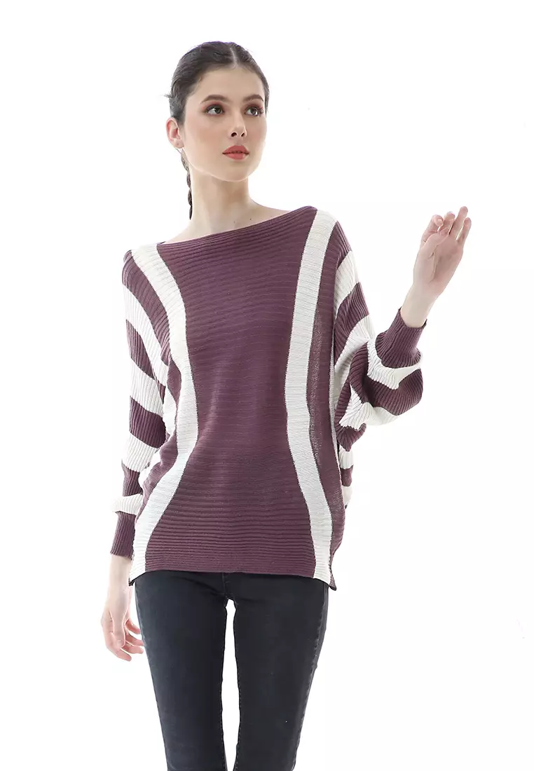 Viana Blouse Rajut Atasan Wanita Motif Zebra Stripe Oversize Jumbo Premium Quality - Burgundy