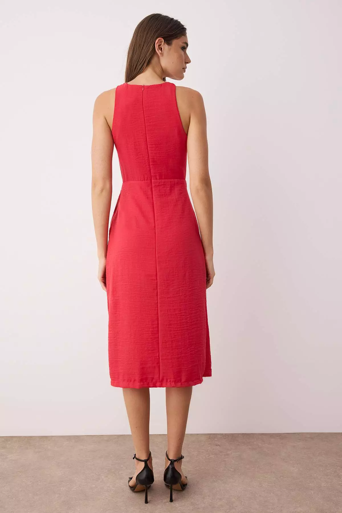 Red Straight Tie Detail Midi Dress