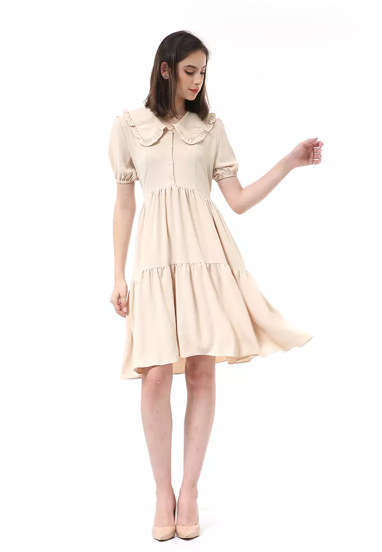 Rachel Dress Rample Wanita Collar Vintage Button Layer Trap Lengan Pendek Material Cey Flow ORIGINAL - Cream