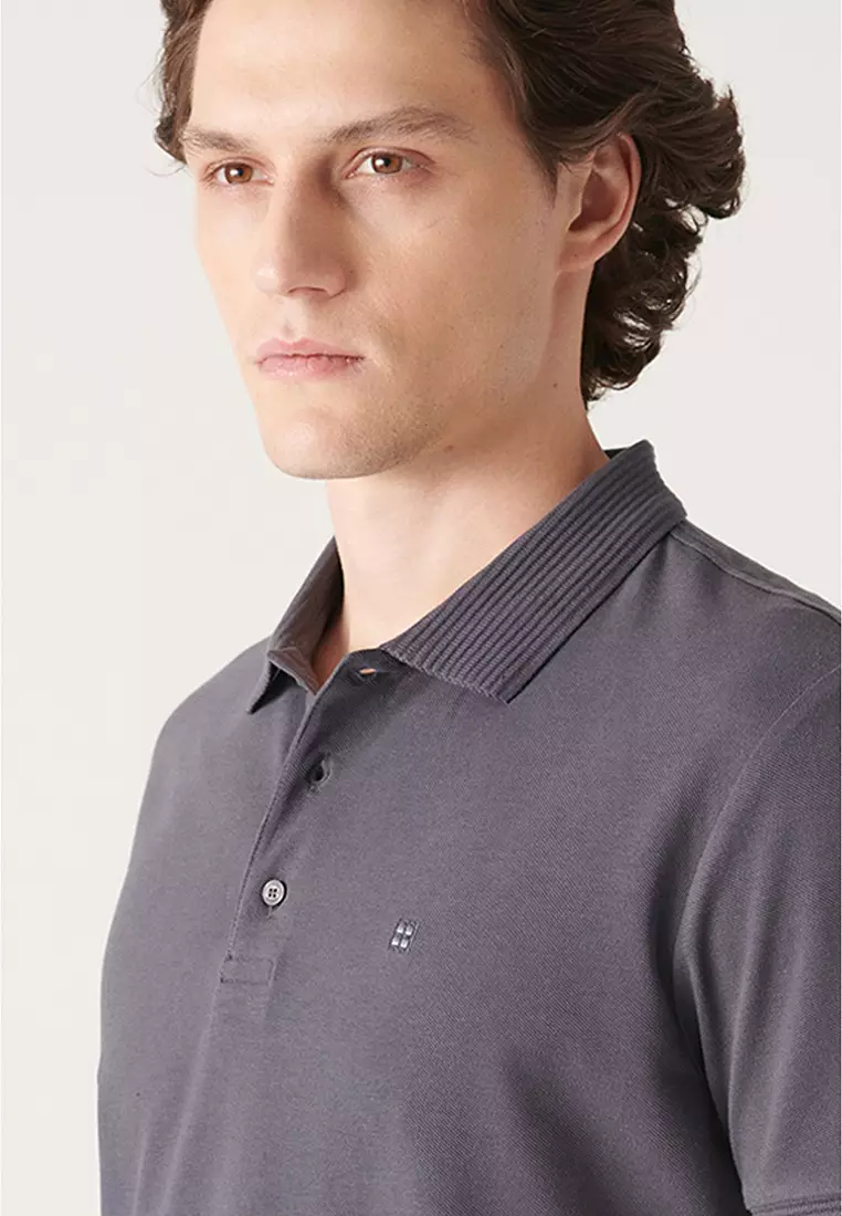 Men's Anthracite 3-Button 100% Egyptian Cotton Polo Neck T-Shirt B001027